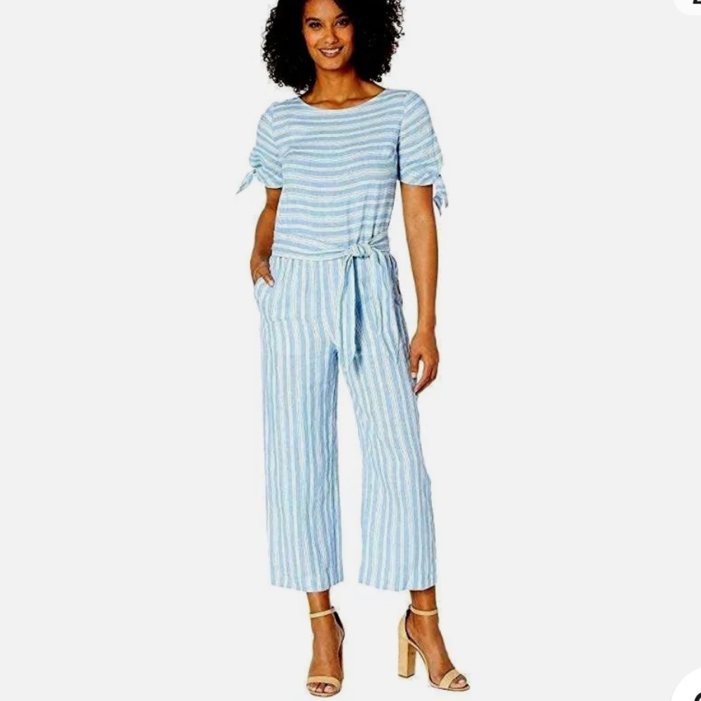 Lauren Linen Jumpsuit lightweight light blue striped summer outfit 4 extra small